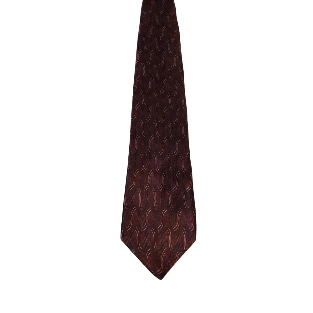 Croft & Barrow Mens Burgundy‎ Blue White Geometric 100% Silk Necktie Tie EUC